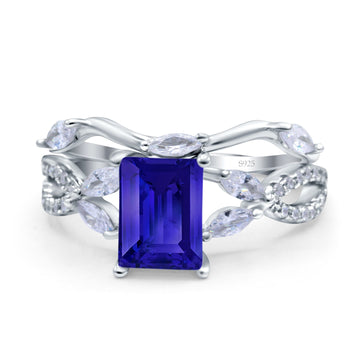 Two Piece Art Deco Emerald Cut Wedding Bridal Ring Simulated Blue Sapphire CZ 925 Sterling Silver